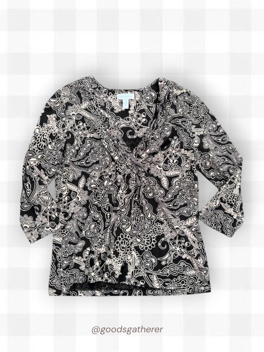 Charter Club Black Cream Paisley Floral Top Cotton Modal Size M